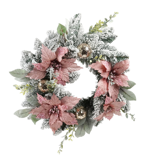 Frosted Pink Poinsettia Wreath 60cm