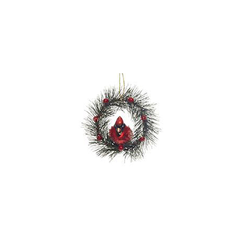 Small Wreath with Red Glass Bird 11cm Hanging Decoration