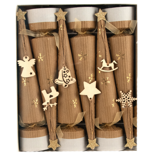 Conical Kraft Christmas Crackers with Timber Decorations 6pk