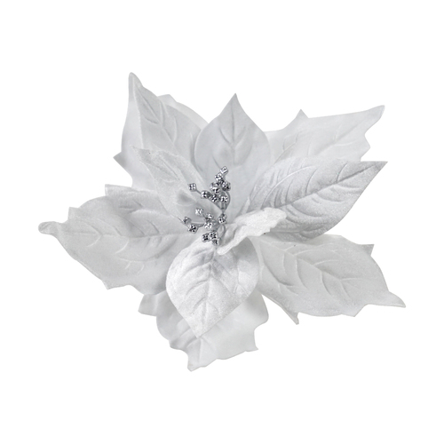 White Velvet Fabric Poinsettia with Silver Clip 28cm