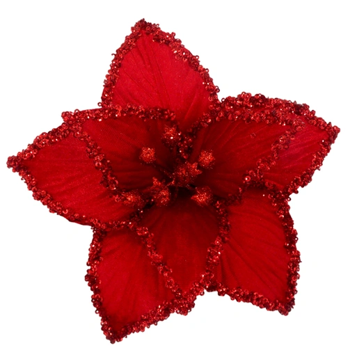 Red Poinsettia with Sequin Crusted Edge  Clip on Christmas Decoration