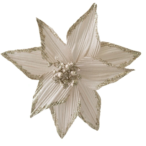 Soft Champagne Poinsettia with Glitter Edge Clip on Christmas Tree Decoration