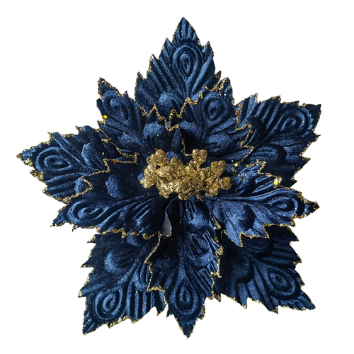 Poinsettia Blue and Gold Clip on Flower 25cm