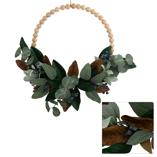 Magnolia Leaf and Blueberry Timber Bauble Wreath 55cm