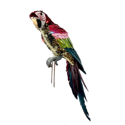 Perched Pink Green Wing Sequin Parrot Christmas Decoration