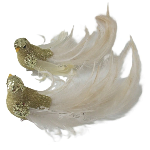 Cream and Soft Gold Clip of Bird with Feather Tail