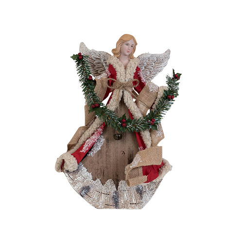 Red Natural  Standing Timber Angel with Garland 