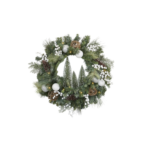 LED Wreath with Silver , White and Rattan Baubles and Forest Scene 77cm