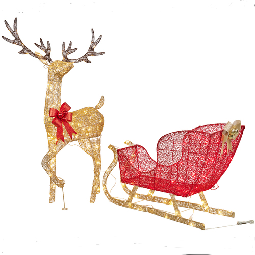 Reindeer with Red Sleigh and Lights 205cm