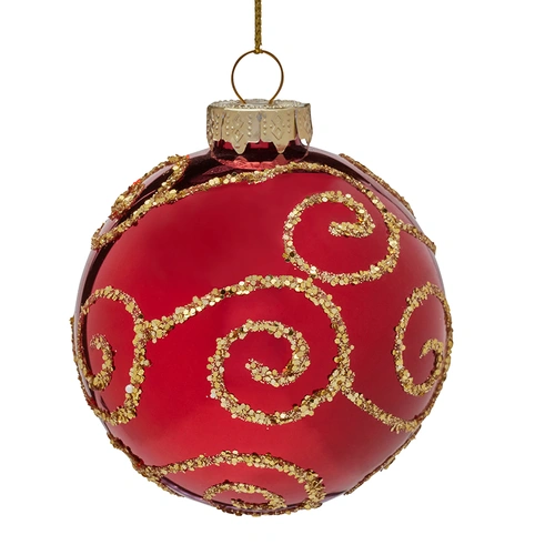 Red  with Gold Swirl Glass Christmas Bauble 8cm