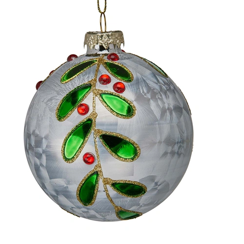White Painted Glass with Green and Red Jewel Leaf Christmas Bauble 8cm