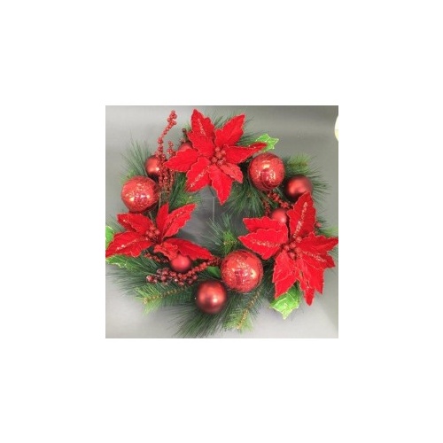 Red Poinsettia  and Ball Wreath 70cm