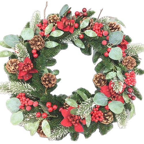 Frosted Pine, Poinsettia and Pinecone Wreath 50cm