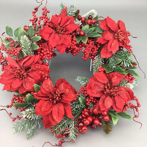 Red Poinsettia and Berry Wreath 50cm