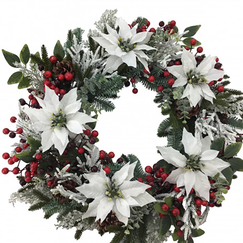 White Poinsettia Red Berry Wreath 50cm