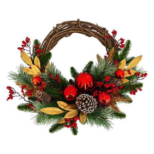 Red Bauble, God Leaf and Cone Half Christmas Wreath