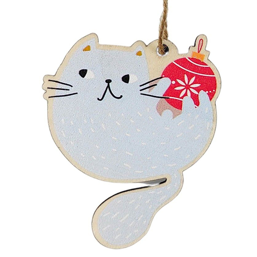 Quirky  Cat with Bauble  MDF Hanging Decoration 6cm