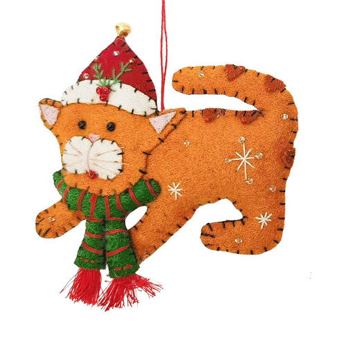 Playful Orange Christmas Cat Fabric Hanging Decoration