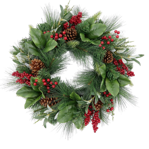 Mixed Green Foliage, Red Berry and Magnolia Tip Christmas Wreath  55cm