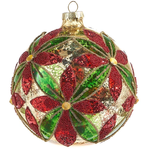 Gold Red Green Poinsettia Christmas Bauble 12cm