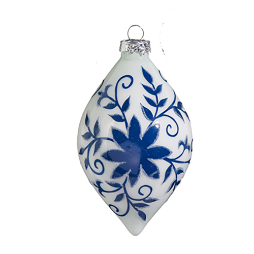 Blue and White Glass Floral Christmas Finial Ornament