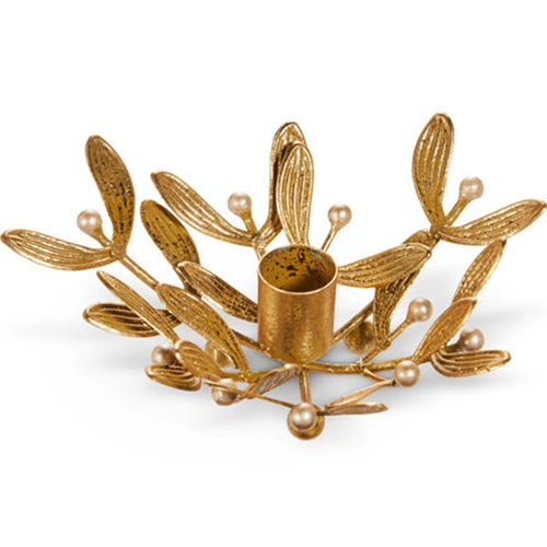 Gold with Pearlescent  Berry Mistletoe Single Taper Candle Holder