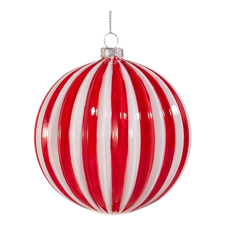 Red and White Ribbed Glass Christmas Bauble 10cm