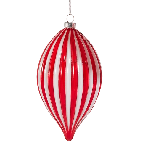 Red and White Ribbed Glass Christmas Teardrop 14cm