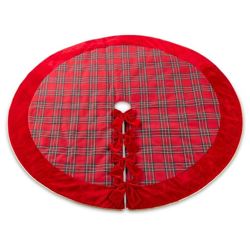Tartan Plaid and Red Velvet Bow Christmas Tree Skirt  150cm