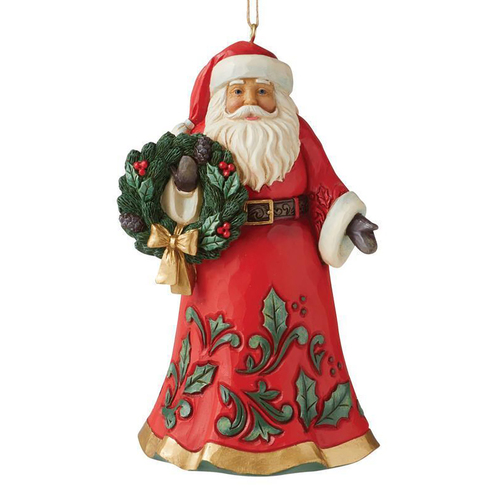 Jolly Santa Holding Wreath  Hanging Christmas Ornament  11cm