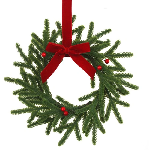 Pine, Berry, Burgundy Bow Christmas Wreath 25cm