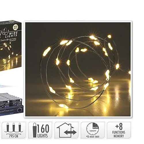 Silver Wire 160 LED Warm White Seed Lights 7.95m