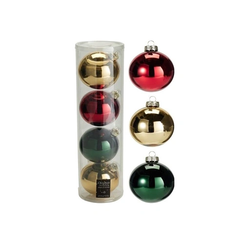 Red Green Gold 10cm Glass Christmas Baubles 4pk