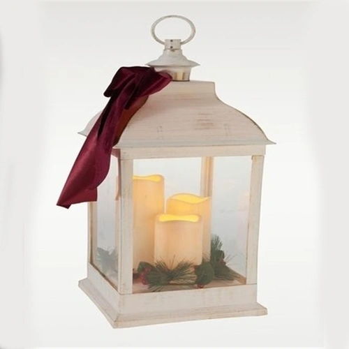 White Timber Look LED Lantern with Bow