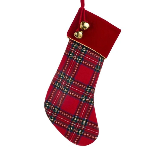 Plaid Red Christmas Stocking with Bells 47cm